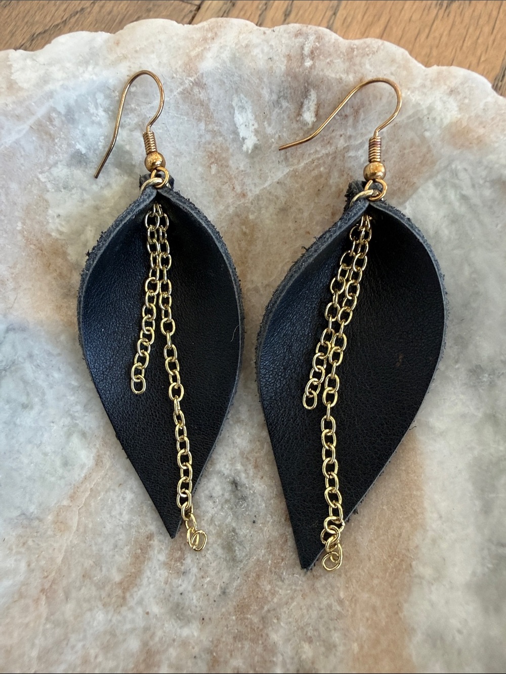 Artisan Black Pinched Leaf Gold Chain Leather Earrings